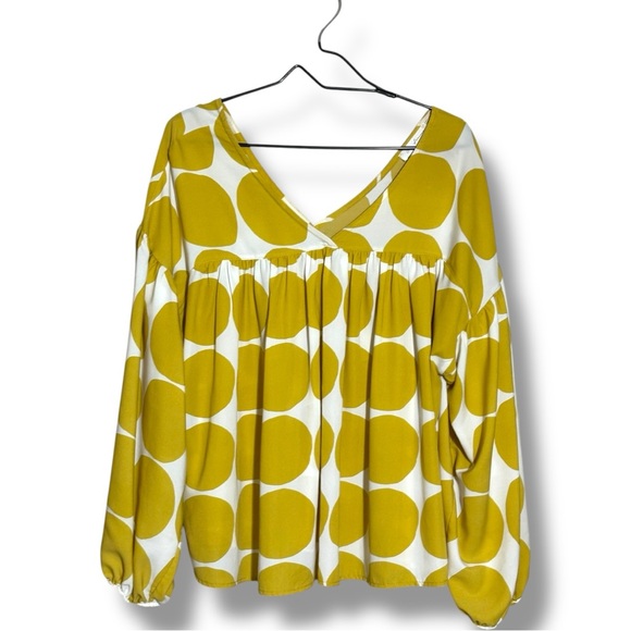 Ces Femme Yellow and White Long Balloon Sleeve Lightweight Flowy V-Neck Blouse - Picture 15 of 16